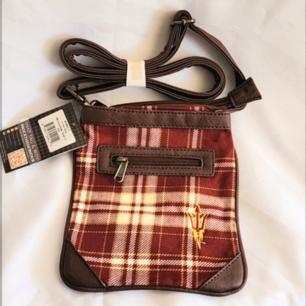 AZ State Tartan Crossbosy Bag Burgandy and Cream Plaid Brown Leather Strap